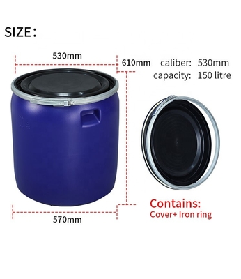 ظروف مواد شیمیایی پلاستیکی 970 میلی متری بشکه های پلاستیکی آبی HDPE 150 کیلوگرم در لیتر