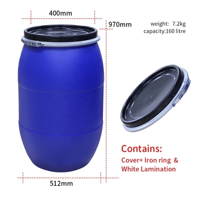 ظروف پلاستیکی پلاستیکی بشکه ای 55 گالن آبی HDPE ISO9001