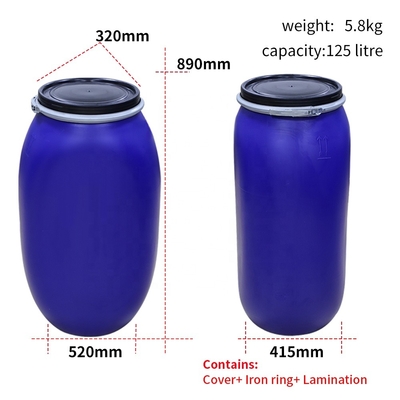 125 لیتری پلاستیکی شیمیایی HDPE درام بالا باز با حلقه آهنی 80 درجه